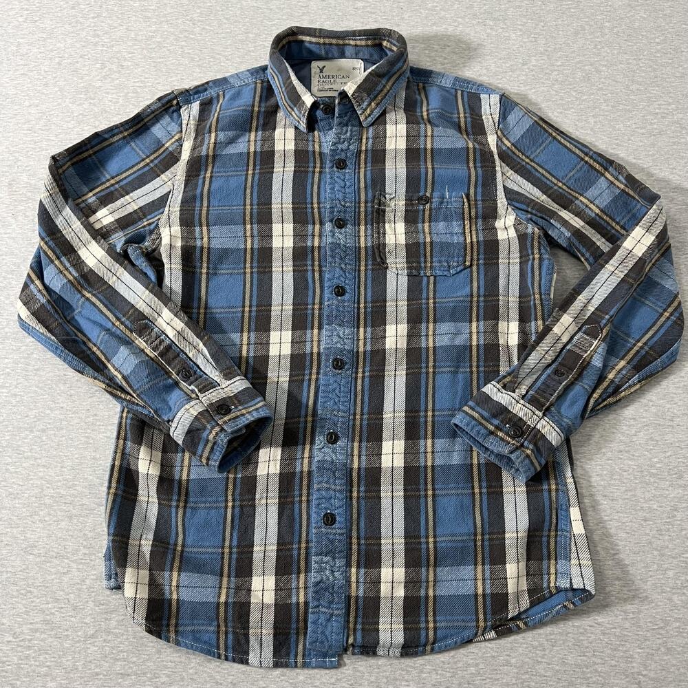 American Eagle Shirt Mens Large Blue Plaid Woven Button Workwear Gorpcore Grunge